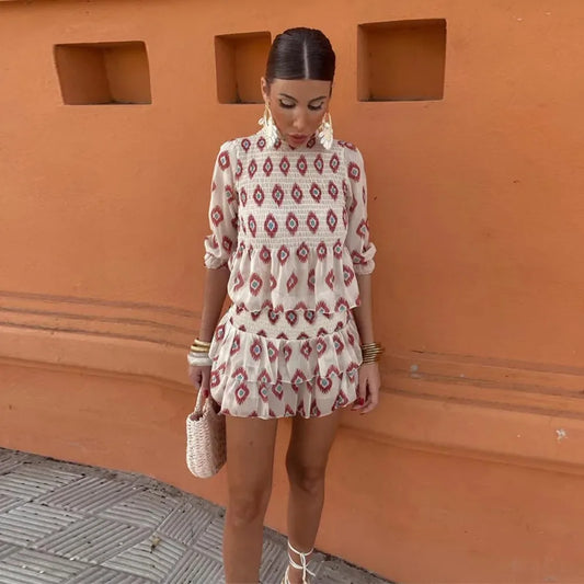 Slim Ruffles Print Mini Skirt Suit Women Round Neck Half Sleeves 2 Pieces Sets Spring Summer Casual Vacation Outfit