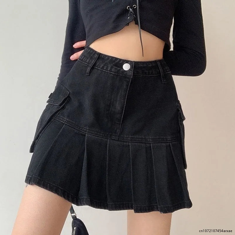 Goth Y2K Skirt Mujer High Waist Jeans Skirts E-girl Aesthetics Black Denim Pleated Skirts With Big Pockets Grunge Punk