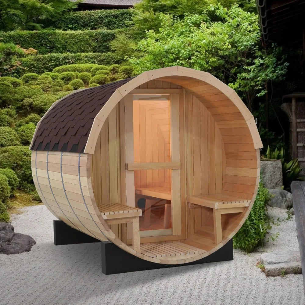 Outdoor Sauna Room with Porch，Wood Sauna Room with 6KW Electric Heater ，Sauna Stone，Accessories，6 Person Wooden Saunas