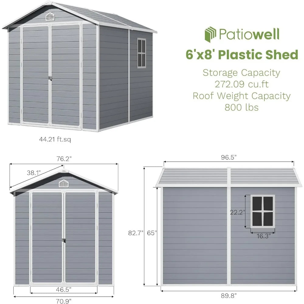 6 x 8 FT Plastic Outdoor Storage Shed with Floor, Resin Shed to Store Patio Furniture, Garden Tools Bike Accessories