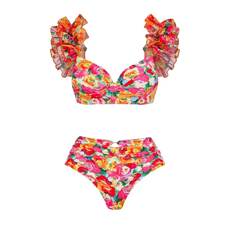 FLAXMAKER bikini set 2 pieces Floral Print Bikini Swimsuit and Skirt Swimwear Women Beachwear Bathing Suit