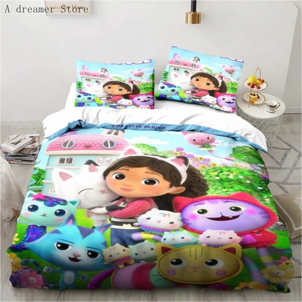 Gabbys Dollhouse Characters Bedding Set Cartoon Duvet Cover 2/3Pc Pink Bedclothes Single Double Queen King Size for Girl Bed Set