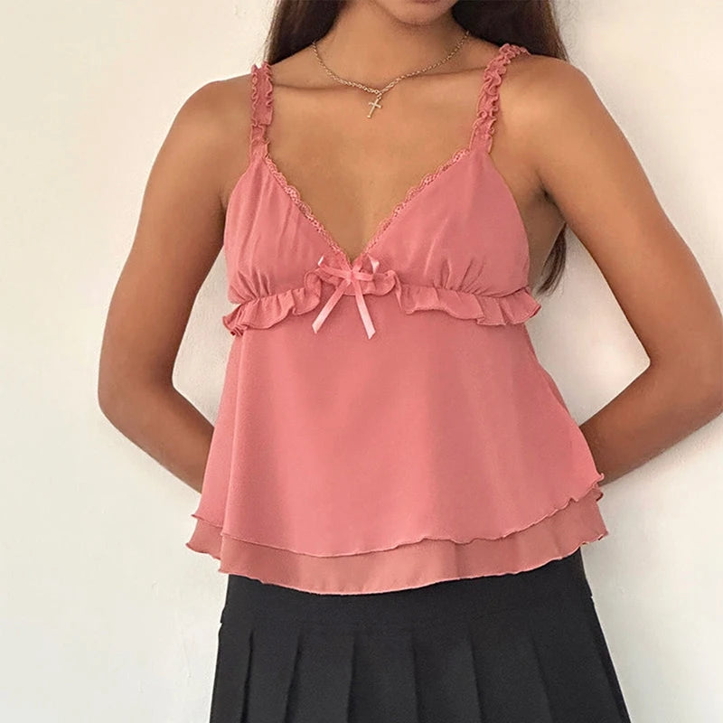 Kawaii Frill Spaghetti Strap Chiffon Vest Bow Front Ruffled Camisole Women Sweet Crop Tops Retro Y2K Fairycore Backless Clothes