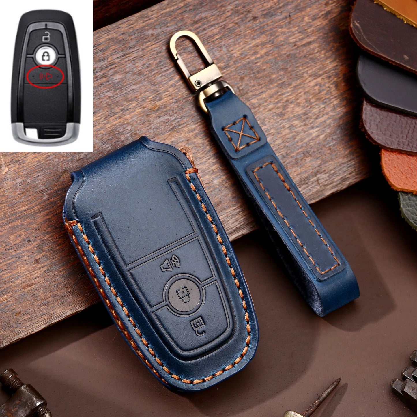 Leather Car Remote Key Case Cover For Ford Fusion Edge Mustang Explorer F150 F250 F350 Ecosport Protector Holder Shell Fob