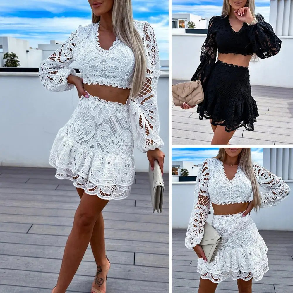 Lace Embroidery Hollow Out Women Suit Elegant V-neck Puff Sleeve Crop Top Ruffles Mini Skirt 2 Piece Sets Summer Ladies Outfit