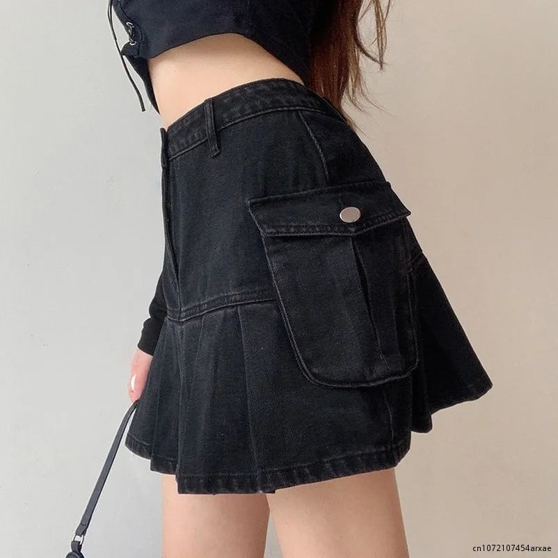 Goth Y2K Skirt Mujer High Waist Jeans Skirts E-girl Aesthetics Black Denim Pleated Skirts With Big Pockets Grunge Punk