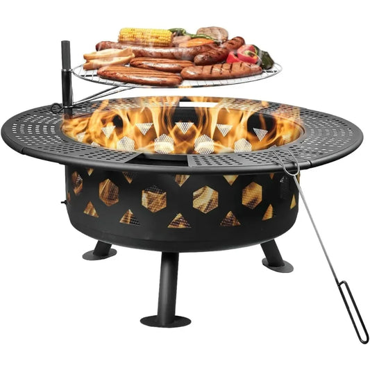 32 Inch Outdoor Fire Pit,2-in-One Large Camping Fire Pits for Outside with Cooking Grill and Fire Poker,Wood  Firepit for BBQ