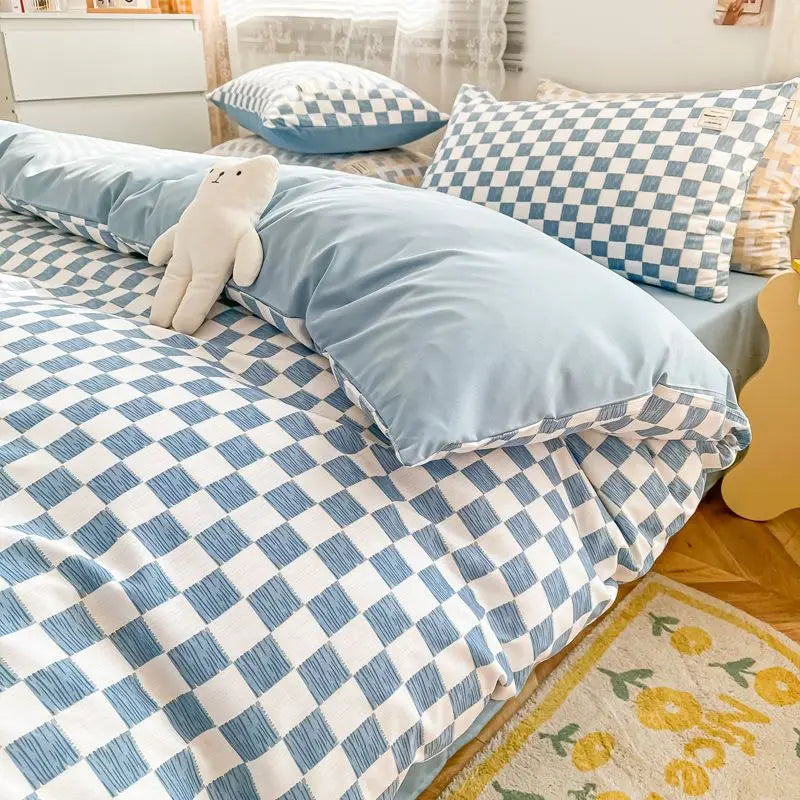 Nordic Purple Pink Blue Checkerboard Duvet Cover With Pillowcase Bed Sheet Kids Girls Plaid Bedding Set King Queen Twin Kawaii