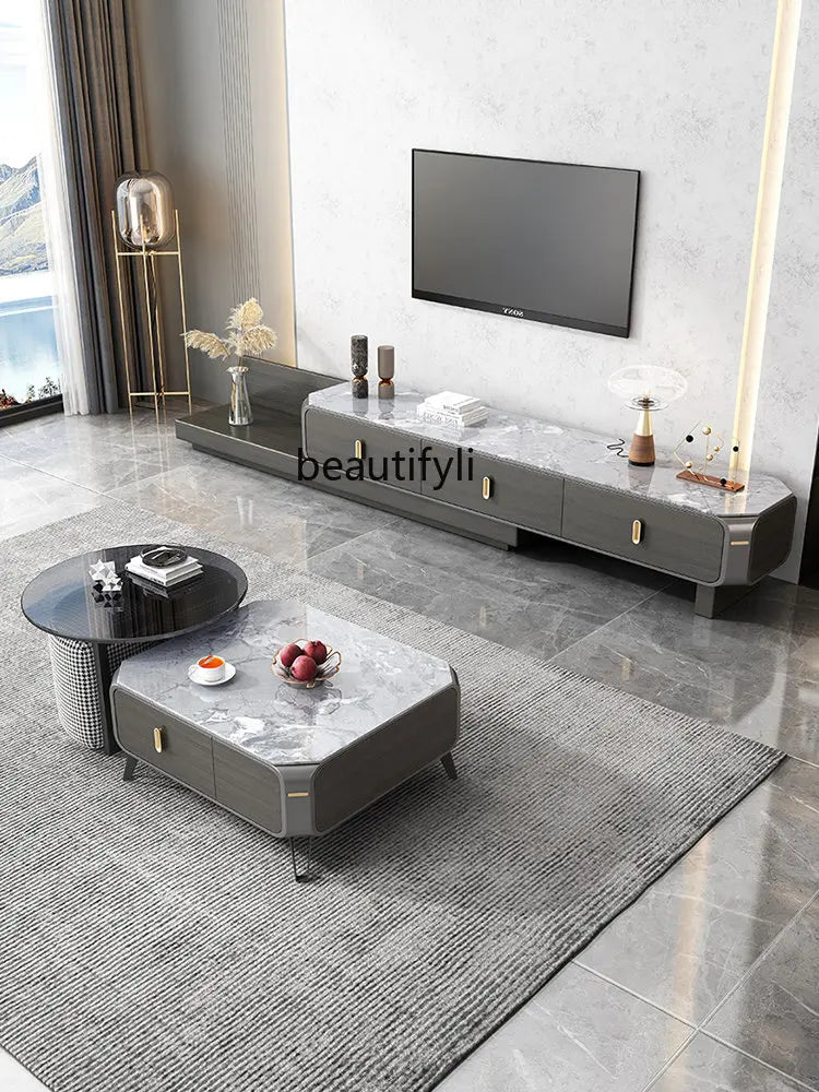 Stone Plate TV Cabinet and Tea Table Combination Household Small Apartment Nordic Italian Oval Telescopic Floor Cabinet