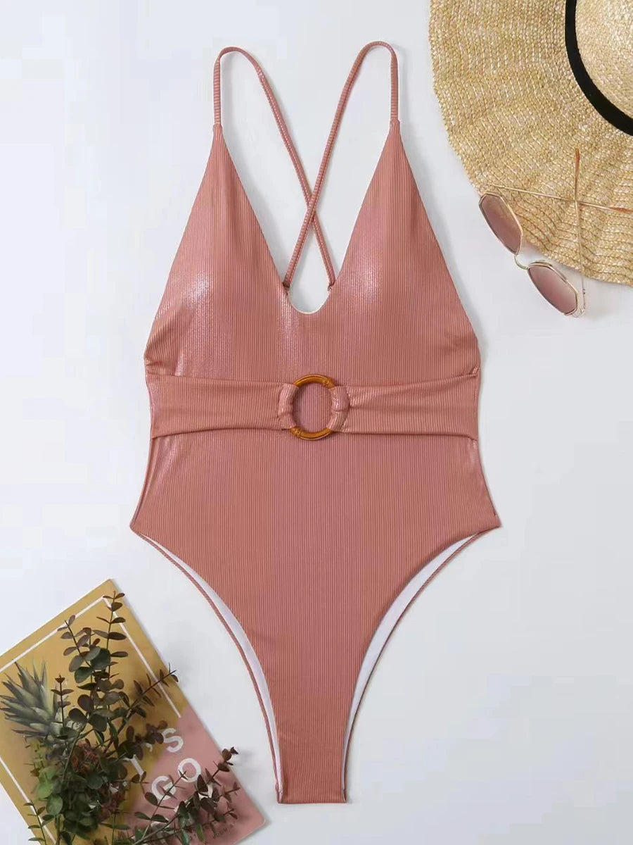 Strape Monokini Ring Link One Piece Swimsuit Women Solid Cross Back Swimwear Padded Bathing Swimming Suit Beachwear Bodysuit