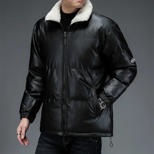 Leather Men Jacket Winter Parkas Thick Warm Mens Casual Jacket Outwear Man Parka Coats Windbreaker Parkas Fleece Collar