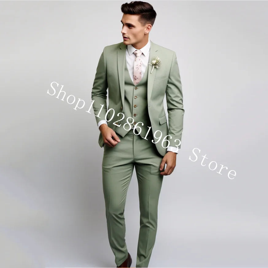 3 Pieces Male Suits Green Elegant Wedding Suits For Men Formal Best Men Blazer Slim Fit Groom Tuxedos Jacket Costume Homme