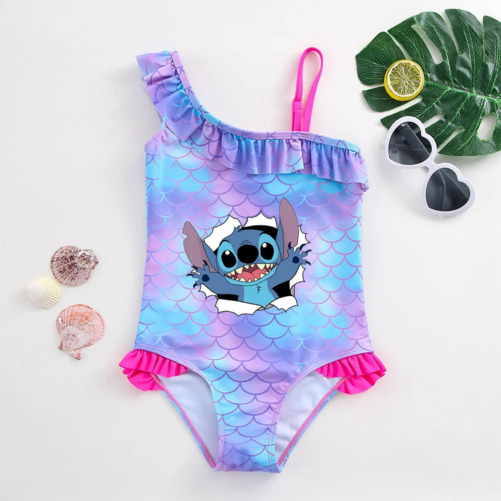 Stitch Girls Swimsuit Fashion Mermaid Fish Scale One-Piece Bathing Suits Children's Dresses Summer Swimwear Beach Suit Kids Wear