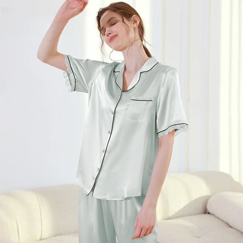 19mm 100% silk pajamas women short sleeve two pieces lounge  set women pajama Lingerie ladies Sleepwear for sleeping