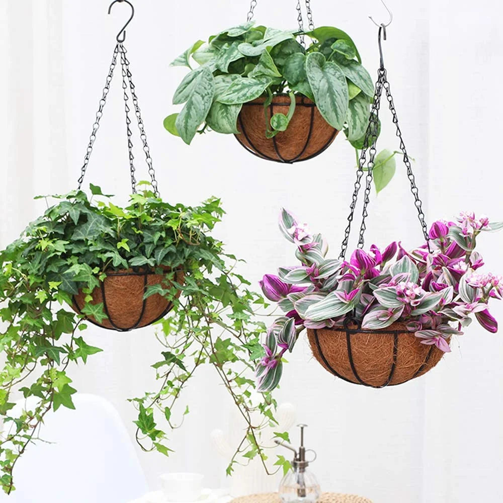 12 Inch Indoor Outdoor Balcony Metal Hanging Planter Basket with Coconut Liner Wire Plant Holder Watering Flower Baskets Pot Han