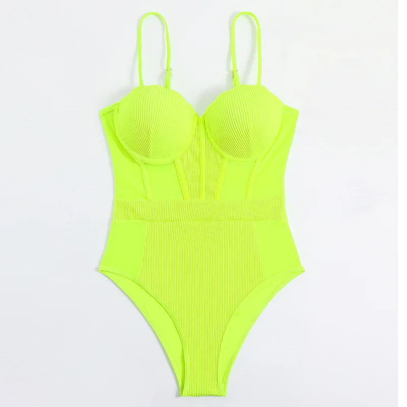 Push Up Swimsuit Women One Piece Solid High Waist Swimwear