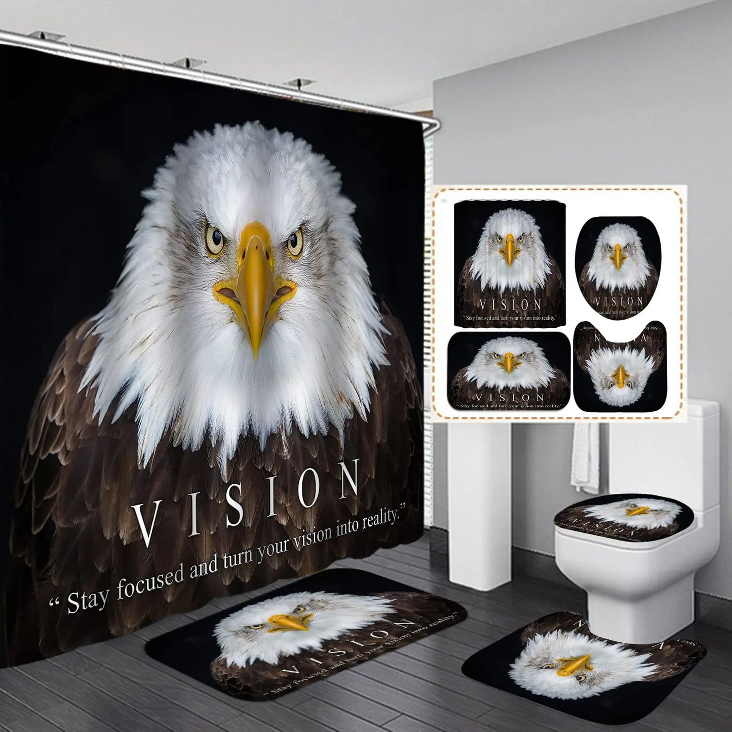 USA Flag American Bald Eagle Shower Curtain Set Non-Slip Rug Toilet Lid Cover Bath Mat Independence Day Patriotic Bathroom Sets