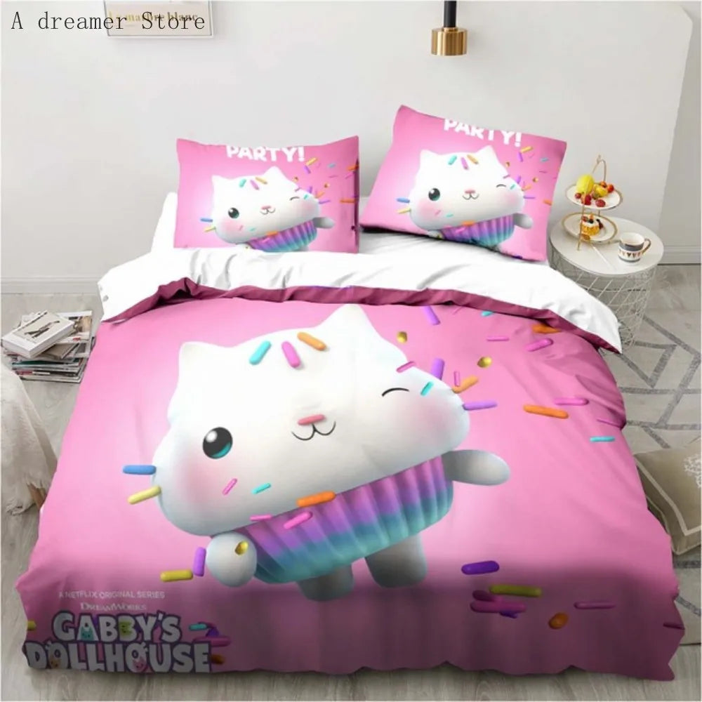 Gabbys Dollhouse Characters Bedding Set Cartoon Duvet Cover 2/3Pc Pink Bedclothes Single Double Queen King Size for Girl Bed Set