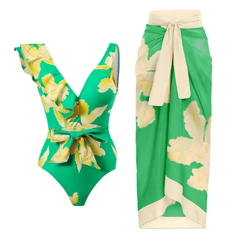 2-Piece Women Bikini Set Swimwear Push Up Floral Printed Ruffle Beachwear