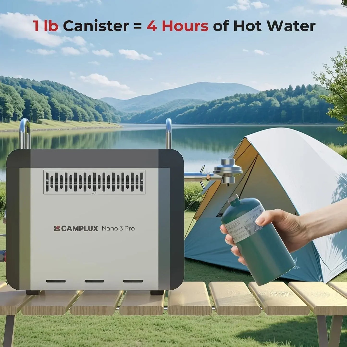 Battery Powered Portable Water Heater, 1 lb On-Demand Propane Camp Shower Nano 3 Pro, On Ground Camp Water