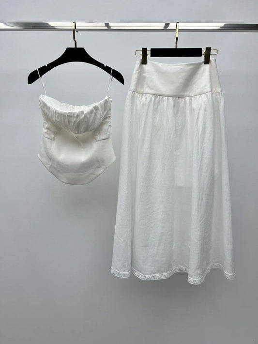 Women's Pleated Bra Top+Linen Skirt Set