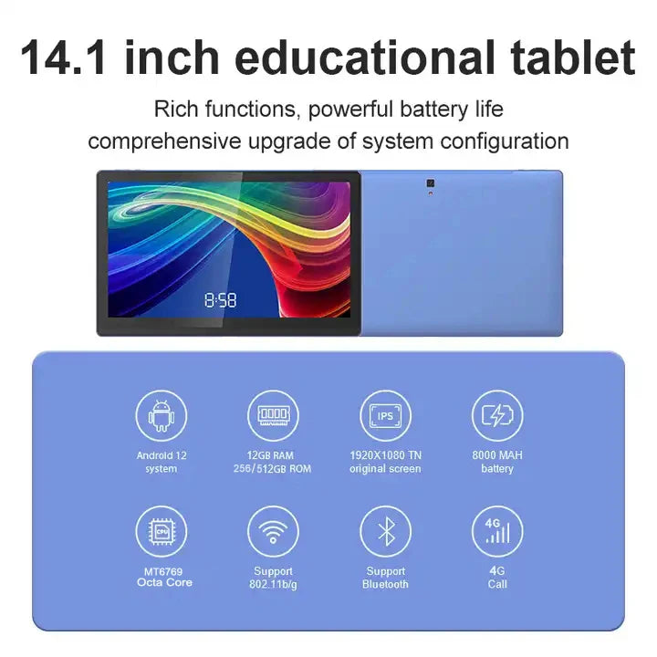 Large Screen 14.1 Inch Tablet Pc Android 12 Phone Call tablet 12+256GB Bluetooth 5G WiFi Pad For Educational/Sheet music/Kitchen