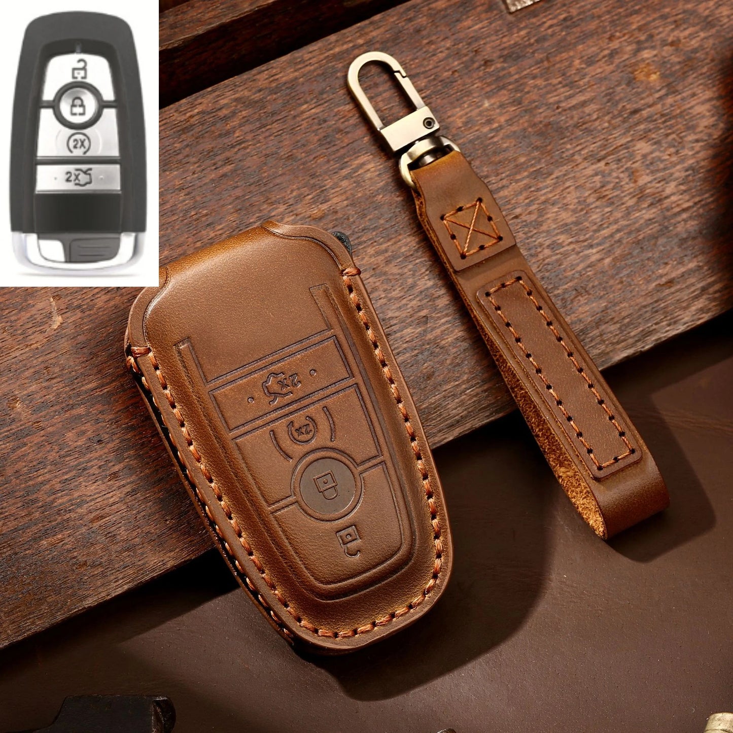 Leather Car Remote Key Case Cover For Ford Fusion Edge Mustang Explorer F150 F250 F350 Ecosport Protector Holder Shell Fob