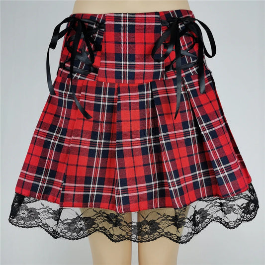 Lace Up Goth Y2K Woman Skirts Pink Stripe Plaid Lace Trim Pleated Punk Dark Academia Aesthetic E Girl Clothes Gothic Skirt