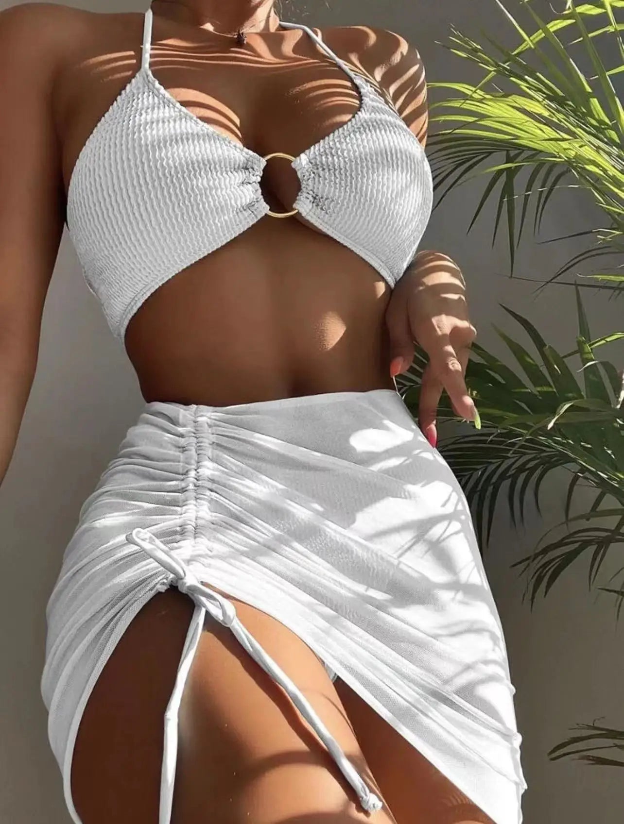 3 Pieces Thong Bikini  With Skirt Ring Link Swimwear Female Halter Swimsuit Beachwear Bathing Swimming Suit Summer