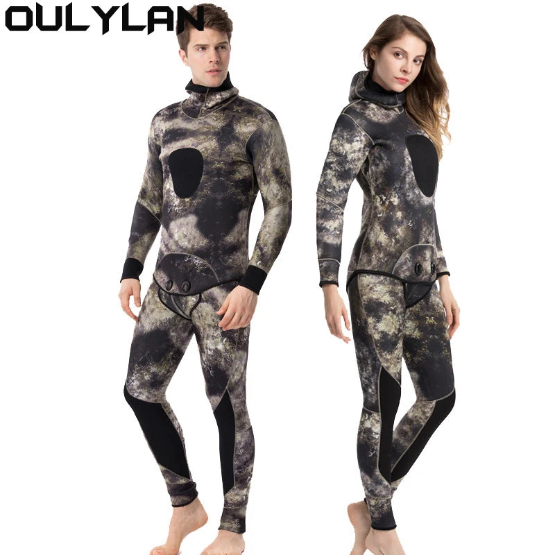 Oulylan 5mm 7mm Men's Camouflage Wetsuit Hooded 2 Pieces Swimsuit Spearfishing Kayak Underwater Hunting Scuba Diving Supplies