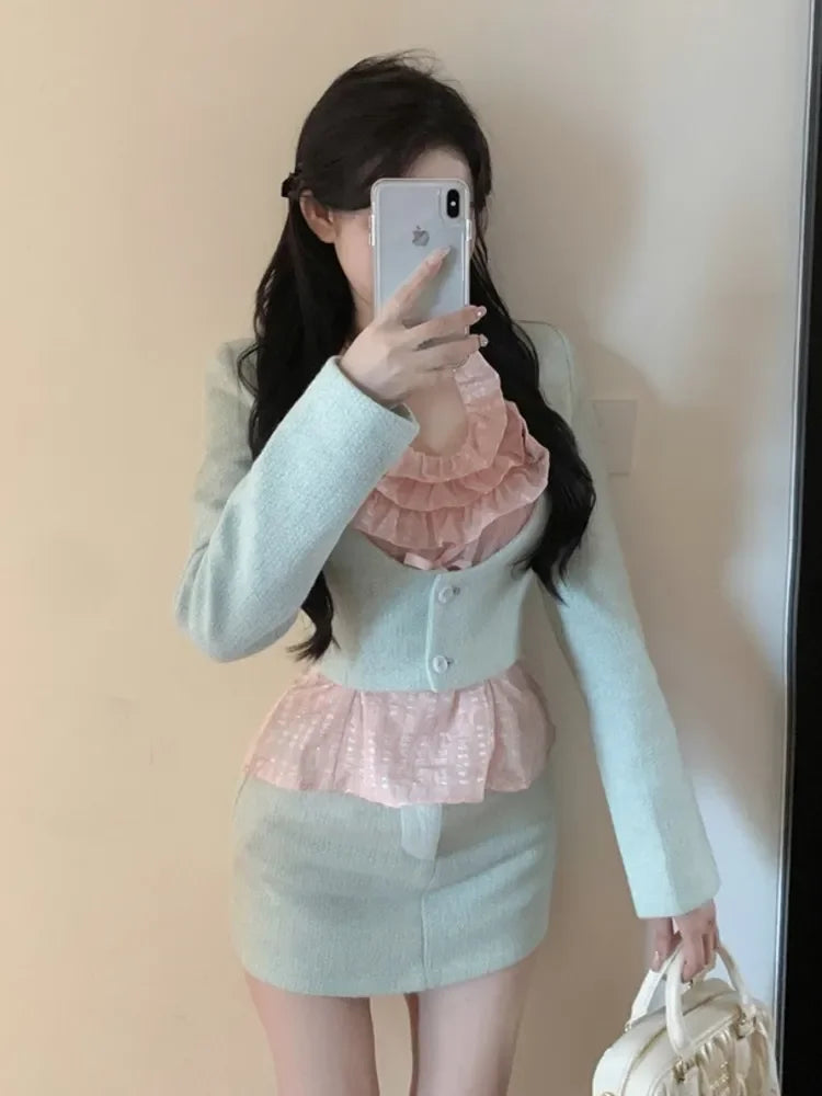 Korean Fashion Sweet Small Fragrance 2 Piece Sets Women Outfit Autumn French Short Jacket Coat + Bodycon Skirt Two Piece Suits