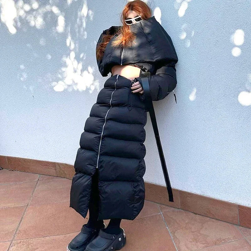 Fashion Women Winter Warm Puff Long Skirts Puffer Quilted Zipper High Waist Bubble Skirts Thicken Split Long Skirt Streetwear