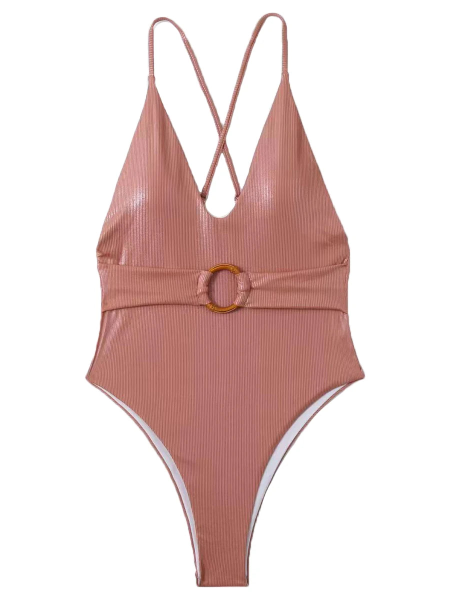 Strape Monokini Ring Link One Piece Swimsuit Women Solid Cross Back Swimwear Padded Bathing Swimming Suit Beachwear Bodysuit