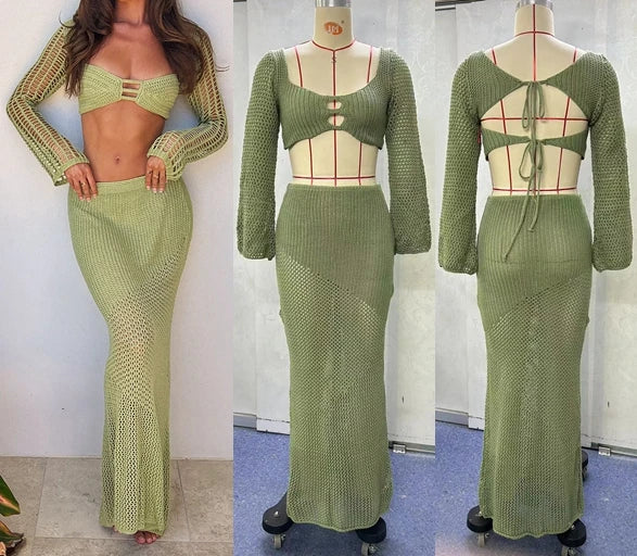 2 Pieces Set Women Long Sleeve Knit Bikini Cover-ups Crochet Swimsuit Crop Top and Skirt Swimwear High Waist Skirt Beach Dress