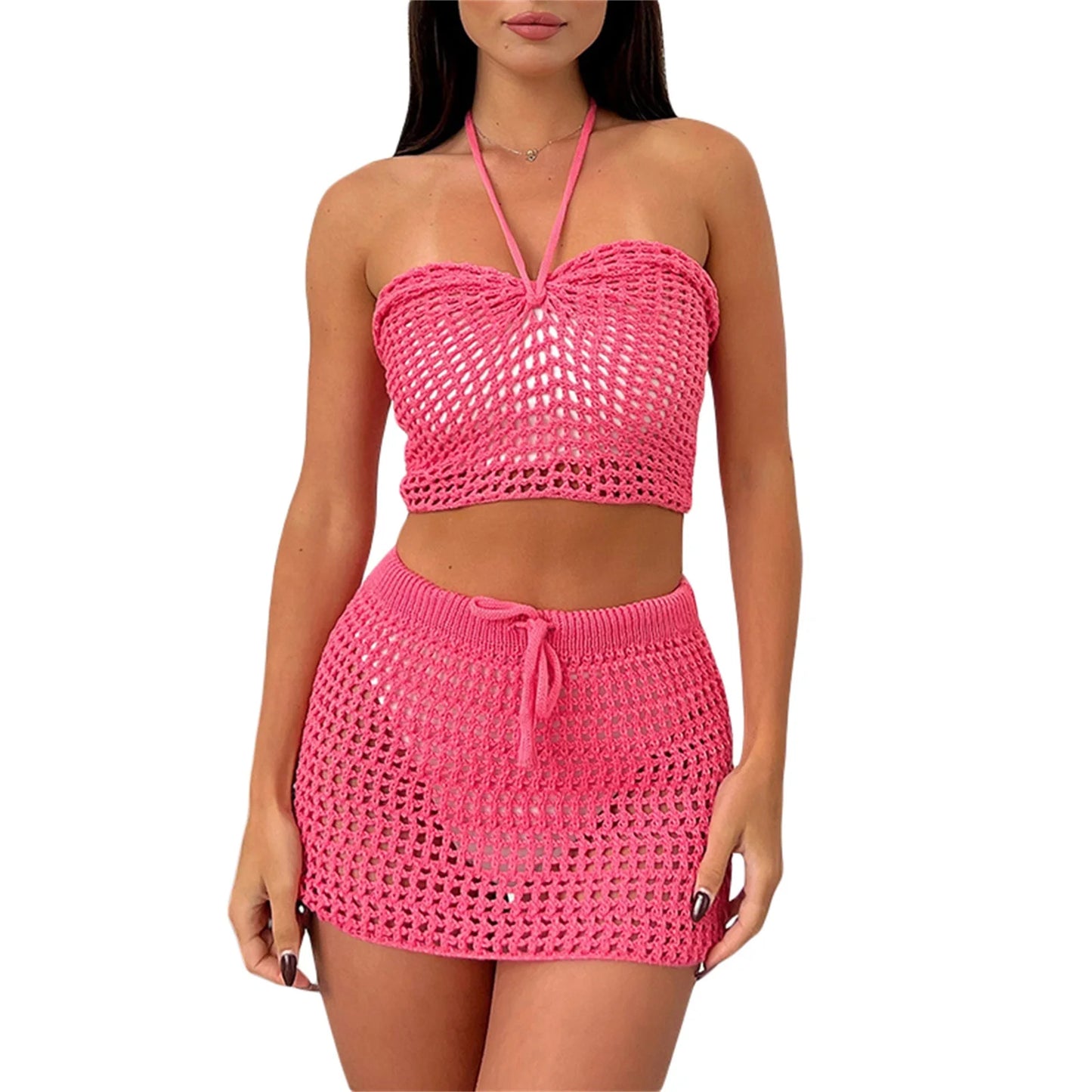 Mesh Knitted Cover Ups Sets Sleeveless Off Shoulder Hollow Out Crop Top+Bodycon Mini Skirts Sets Beach Swimming Summer Outfits