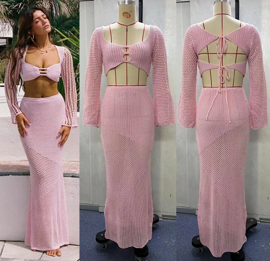 2 Pieces Set Women Long Sleeve Knit Bikini Cover-ups Crochet Swimsuit Crop Top and Skirt Swimwear High Waist Skirt Beach Dress