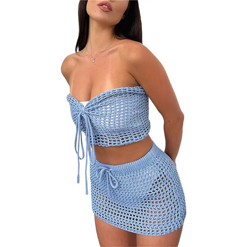 Mesh Knitted Cover Ups Sets Sleeveless Off Shoulder Hollow Out Crop Top+Bodycon Mini Skirts Sets Beach Swimming Summer Outfits