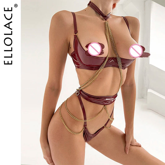 Ellolace Sensual Leather Lingerie Half Cup Bra Kit Push Up With Chain Sissy Crotchless Naked Bilizna Outfit Fetish PU Uncensored