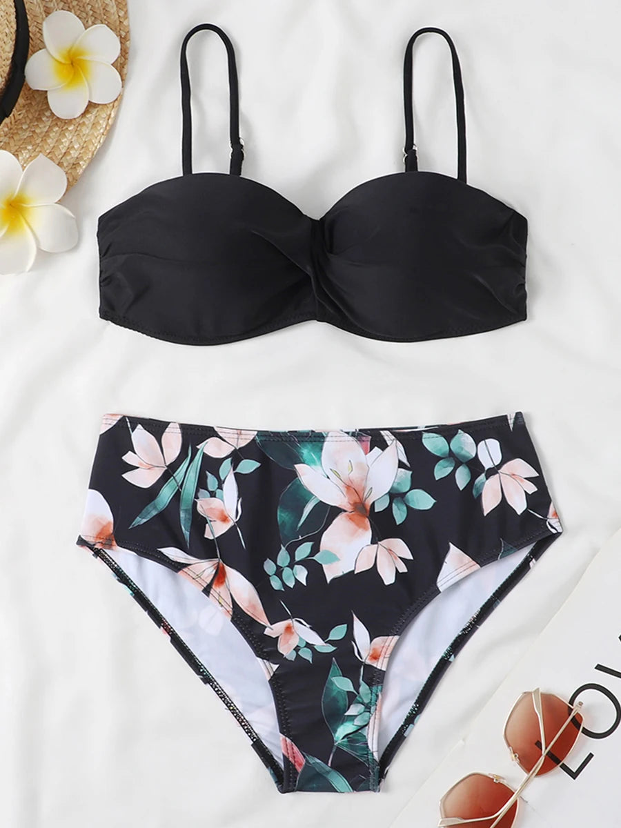 Women High Waist Bikini Printed Swimwear Female Padded  Beachwear