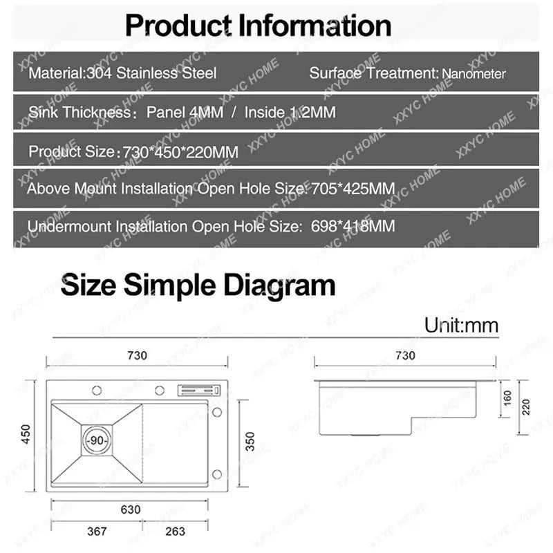 Step Kitchen Sink SUS 304 Stainless Steel 4mm Thickness Handmade Above Mount Waterfall Faucet Kitchen Sinks