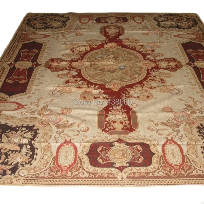 Free shipping  9'x12'  French Aubusson rugs beige madallain design PEAPOCK IN THE MIDDLE