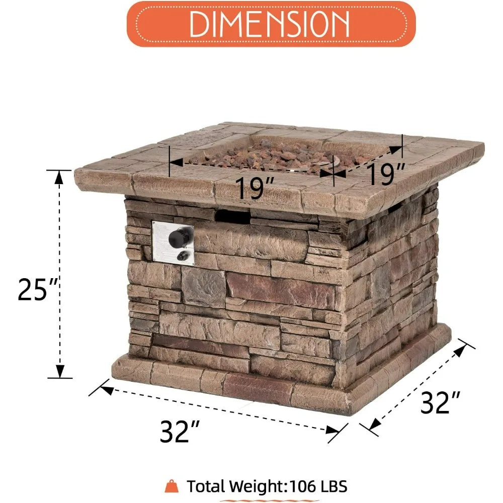 Outdoor Propane Fire Pit Table 32-inch Imitation Stone Square Concrete Propane Fire Pit with Lava Rocks and Rain Cover