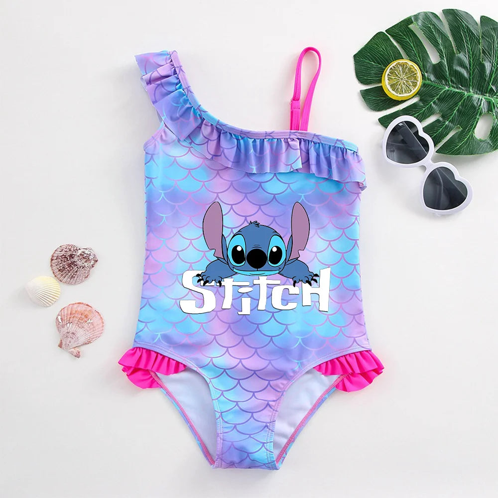 Stitch Girls Swimsuit Fashion Mermaid Fish Scale One-Piece Bathing Suits Children's Dresses Summer Swimwear Beach Suit Kids Wear