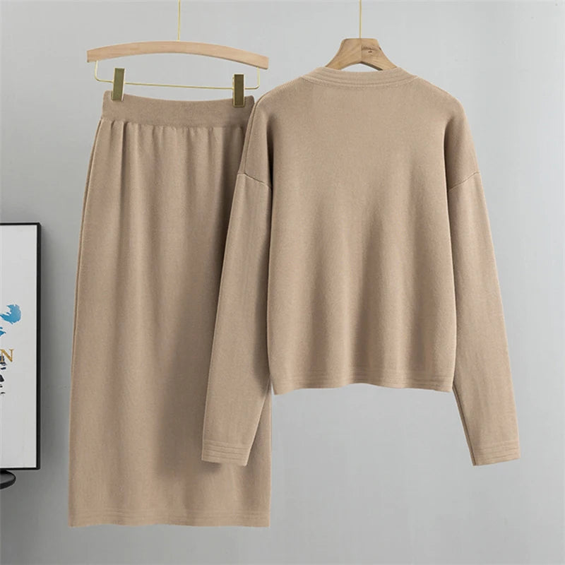 Office Slim Sweater Cardigan Skirts Sets Women Single Breasted Short Knit Tops Coats Suits High Waist Bodycon faldas Conjunto