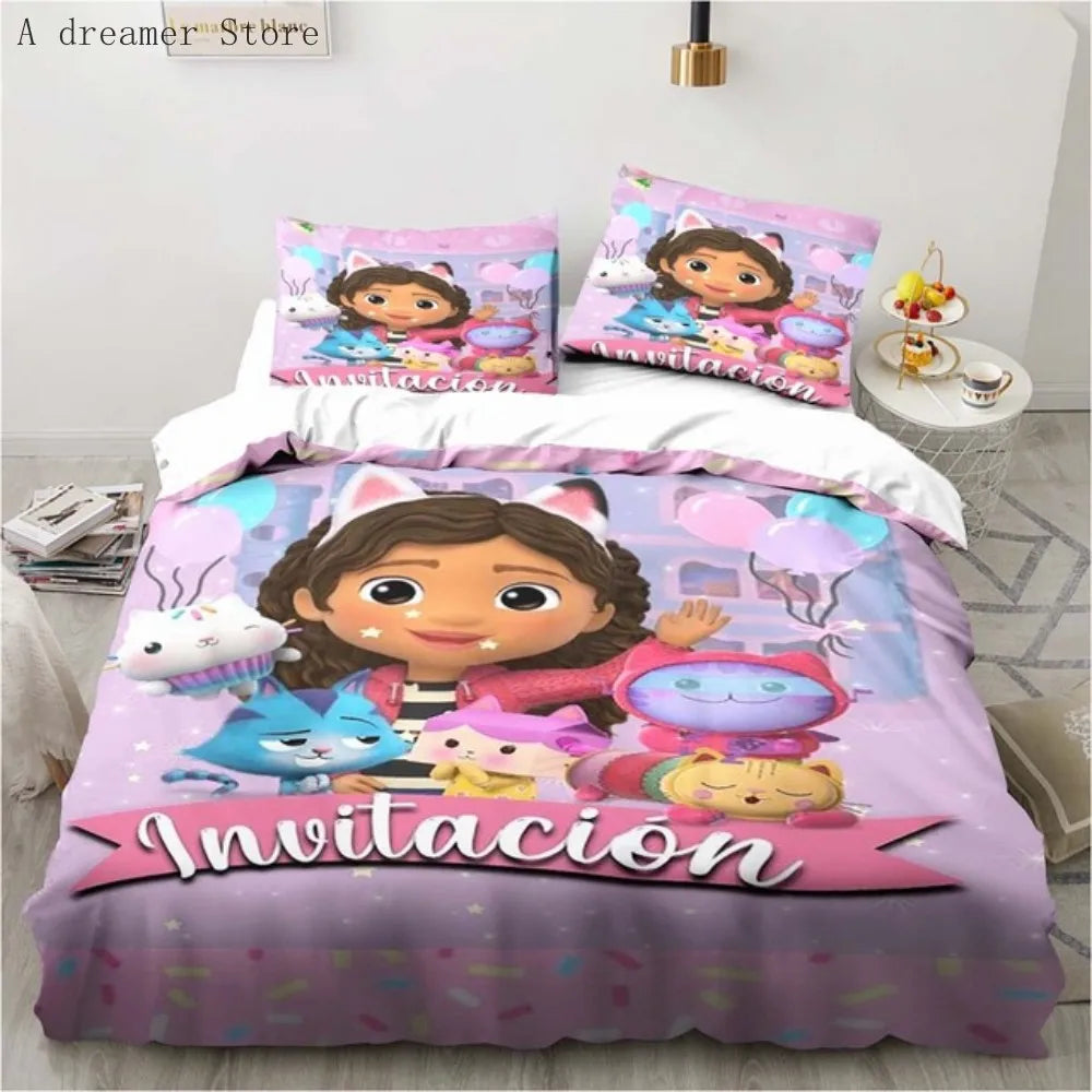 Gabbys Dollhouse Characters Bedding Set Cartoon Duvet Cover 2/3Pc Pink Bedclothes Single Double Queen King Size for Girl Bed Set