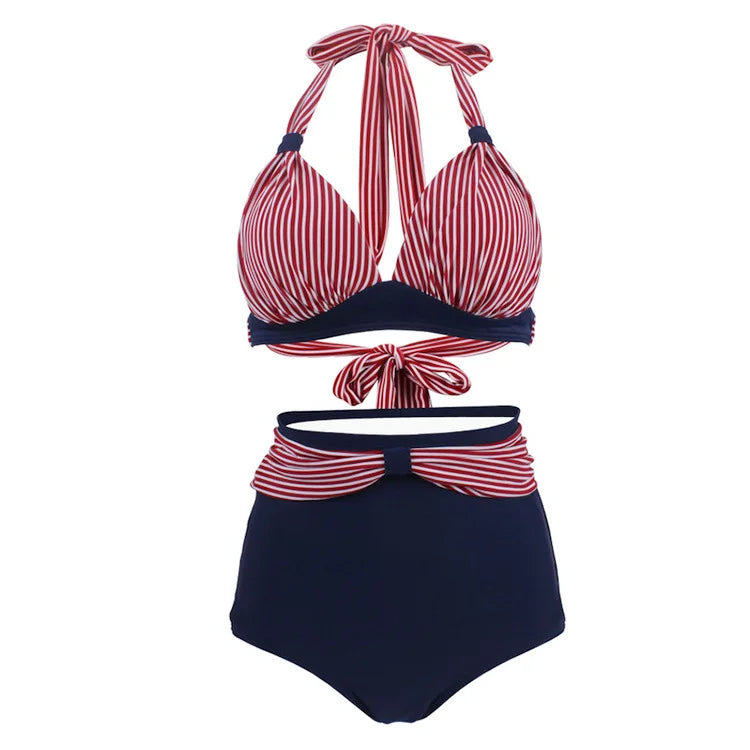 Retro High Waist Swimsuit for Women Halter 2 Piece Bathing Suit Ruffle Bikini Set Tummy Control Bikini