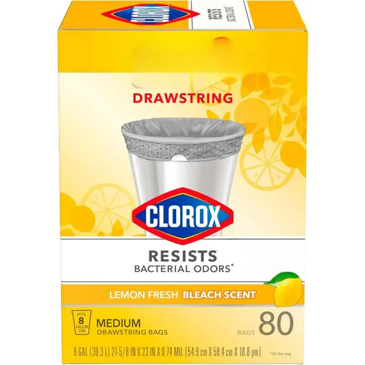 Medium Drawstring Trash Bag with Clorox, 8 Gal, Lemon Fresh Bleach 80 Ct (Package May Vary)