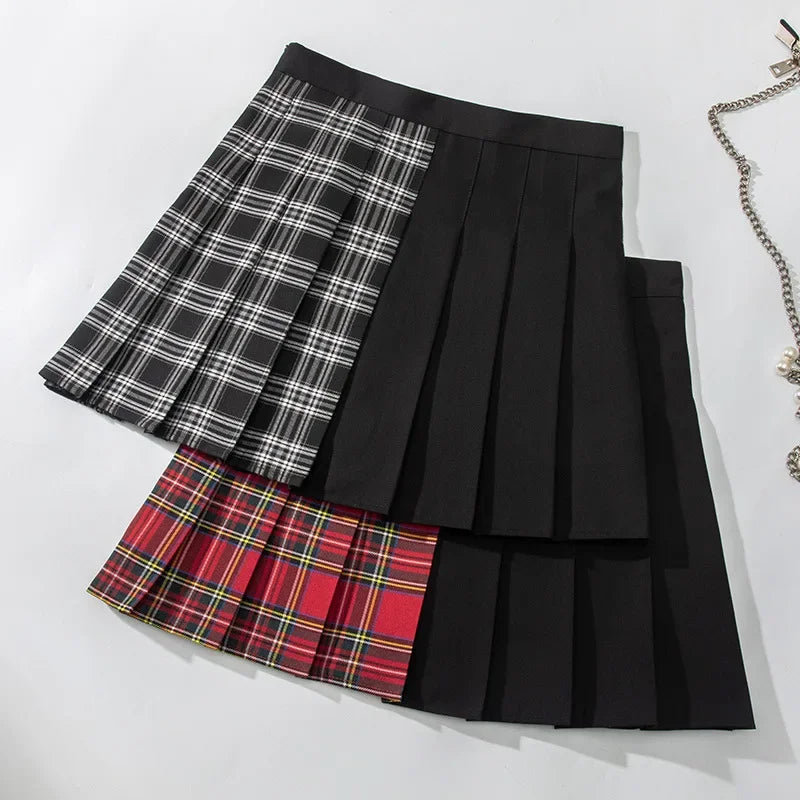 Gothic Patchwork Skirt Goth Vintage Harajuku Red Haig Black and White Plaid Patchwork Punk Pleated Skater Skirts