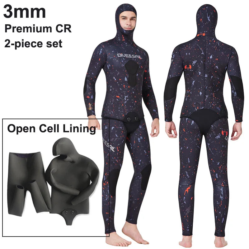 Open Cell Camo Spearfishing Wetsuits Men 3mm /1.5mm Neoprene 2-Pieces Hooded Super Stretch Scuba Diving Suit Thermal Swimsuit