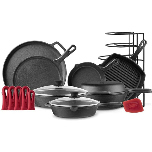 Cast Iron Cookware Set-8" Skillet+10"+12" Skillets with Lid+Grill Pan+Multi-Cooker+Flat Griddle+Pizza Pan+Pan Rack Organizer